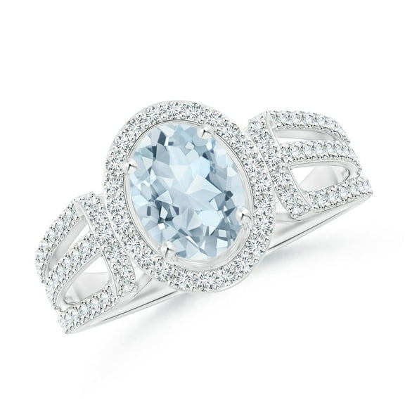 ANGARA Natural 1 ct Aquamarine Triple Shank Cocktail Ring with Diamond Halo in 14K White Gold for Women (Size-8x6mm) | March Birthstone, Anniversary, Jewelry Gift for Women | Natural Aquamarine Ring