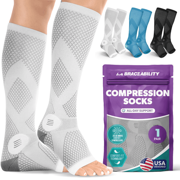 BraceAbility Open Toe Knee High Compression Socks 20-30 mmHg for Circulation Support, M, Gray, 1 Pair