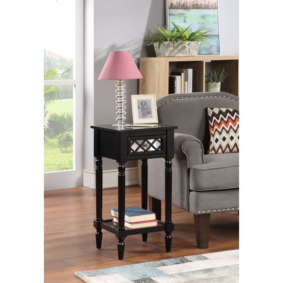 HomeStock Retro Relaxation 1-Drawer Accent Table, 14-In x 14-In x 28-In , Black Finish, Mirrored Drawer, 2-Tier Shelf, Solid Pine Wood, Vintage-Inspired Nightstand or End Table