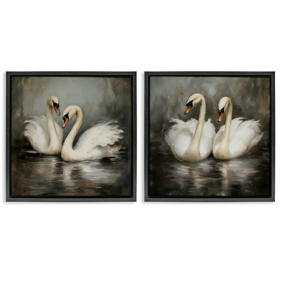 Stupell Industries Twin Swans with Reflections Animals Painting Black Floater Framed Canvas Art Print Wall Art, 18 x 18, Set of 2