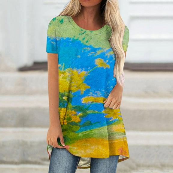 Wenini Womens Tops Dressy Casual Short Sleeve Round Neck Tie-Dye Print Summer Shirts Mid-Length Loose Breathable Pullover Tunic Blouse Green XXL