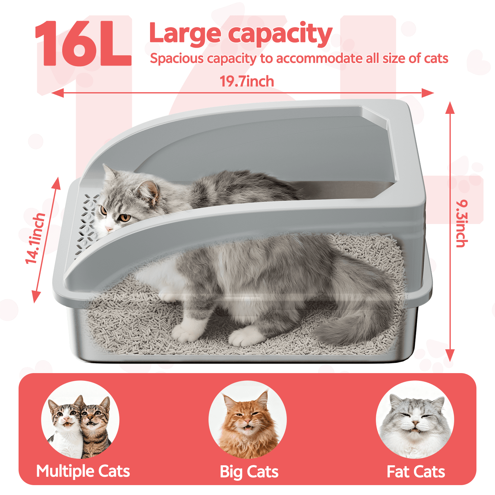 Stainless Steel Cat Litter Box,YUWENUS High Sided Cat Litter Box Metal Litter Pan with Lid Large Litter Box with Scoop, Dark Gray
