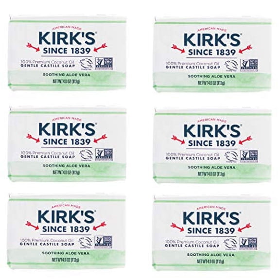 Kirk's Castile Bar Soap Clean Soap for Men, Women & Children | Premium Coconut Oil | Sensitive Skin Formula, Vegan | Soothing Aloe Vera | 4 oz. Bars - 6 Pack