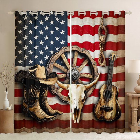 Homewish Retro Bull Skull Black Out Curtains,Rustic Western Cowboy Curtains Pack of 2 (42x63 Each),Rustic Music Guitar Bedroom Curtains For Boys Kids,Luxury Bedroom Decor