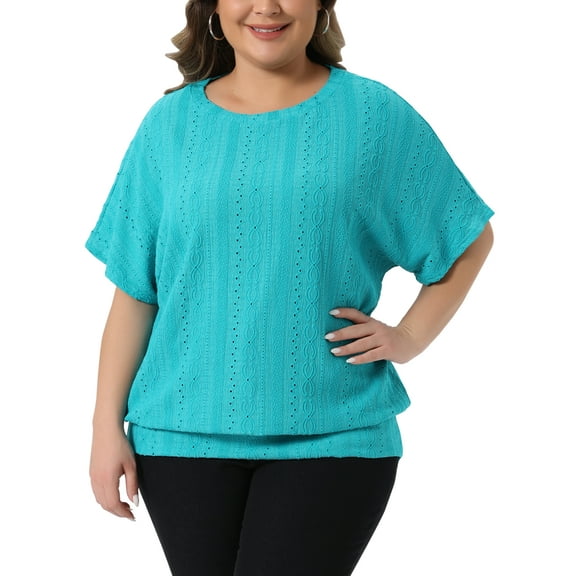 Agnes Orinda Women's Plus Size Top Eyelet Hollow Double Layered Hem Crew Neck Batwing Sleeve t Shirts Casual Summer Blouses 1X Lake Green