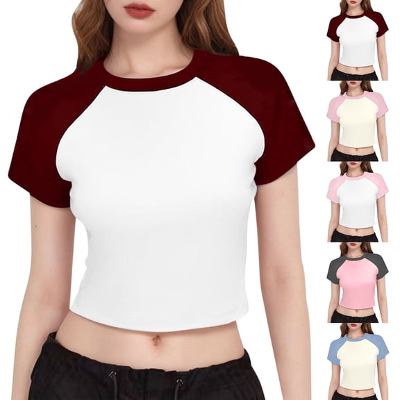 FRSASU Womens Summer Short Sleeve T Shirts Slim Fitted Raglan Color Block Crop Tops Basic Casual Stretchy Tee Wine
