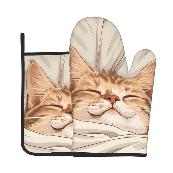Xecao Sleeping Cat In Blanket Pattern Oven Mitts and Pot Holders Sets Heat Resistant Silicone Oven Mittens Extra Thicken Long Kitchen Cotton Oven Glove for Cooking