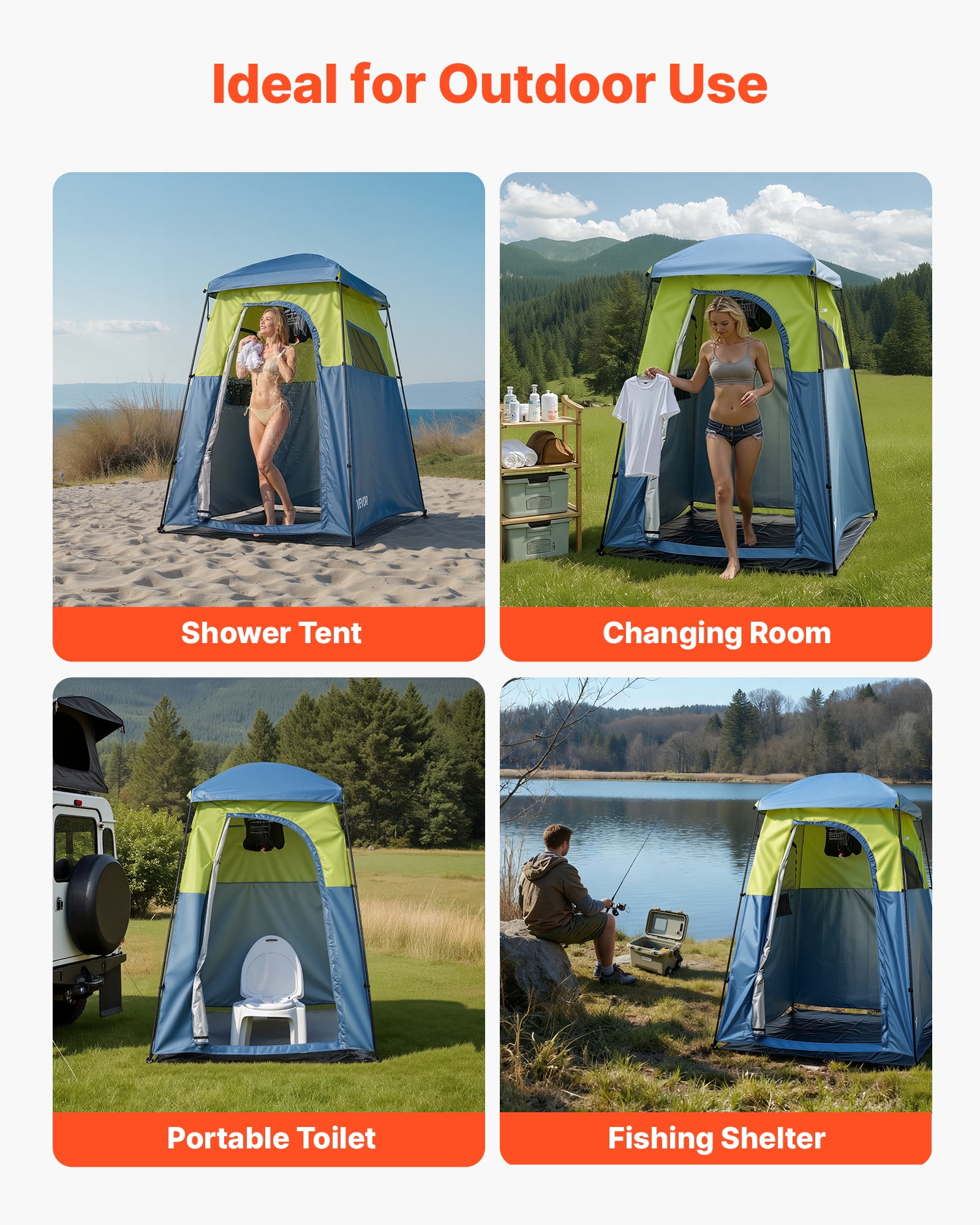 VEVOR Camping Shower Tent, 1 Room, Portable Privacy Tent Changing Room with Shower Bag, Ground Stakes, Ropes, Carry Bag, and Support Poles, 150D Oxford Fabric with Silver Coating, for Camping