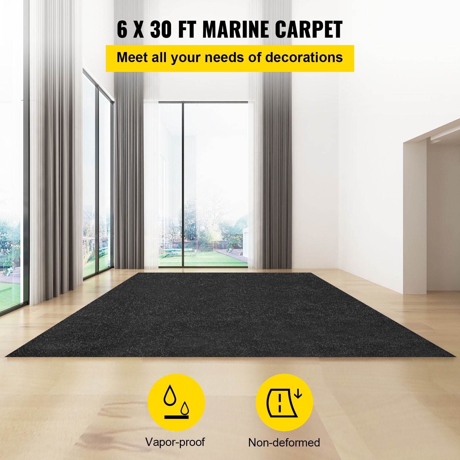 VEVORbrand Boat Carpet 6x30' Indoor Outdoor Marine Carpet Rug - Size  Optional - 32 oz. waterproof patio Anti-slide rug, Charcoal Black 