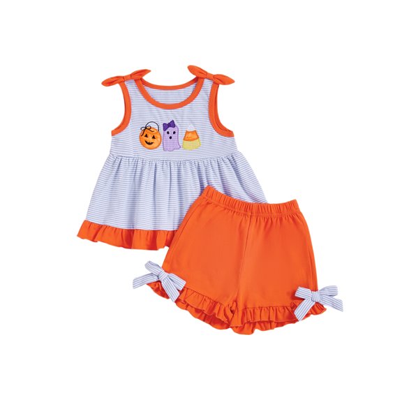 BemeyourBBs Toddler Baby Girl Halloween Outfit Baby Girls Summer Fall Clothes 2 3 4 5 Years Striped Pumpkin Ghost Ruffle Babydoll Shirt Tank Tops and Shorts 2 Piece Set
