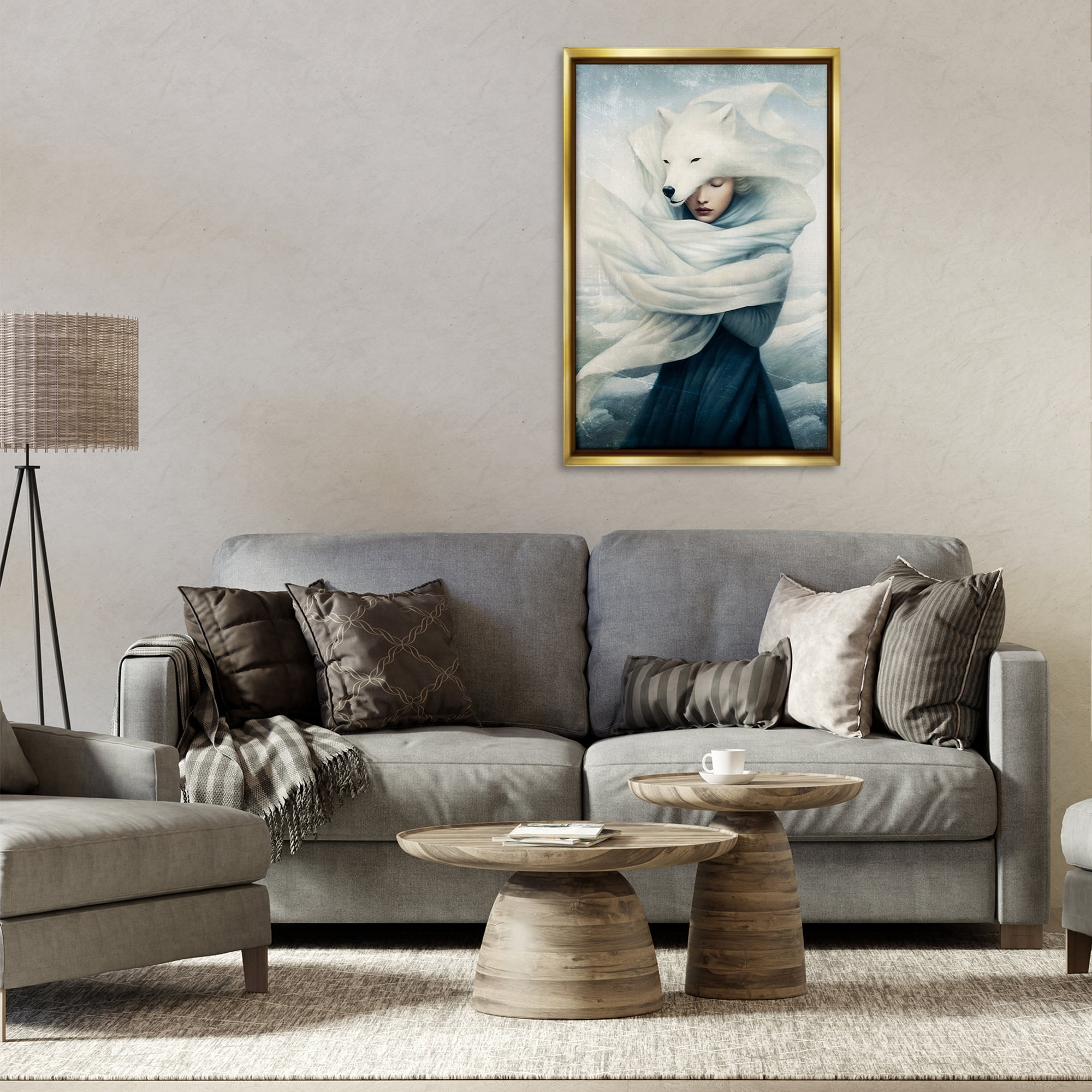 Stupell Industries Wolf Swathed Woman People Painting Gold Floater Framed Canvas Art Print Wall Art, 21 x 31