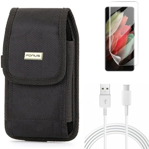 Matte Screen Protector & Case Belt Clip & 10ft USB-C Cable for Samsung Galaxy S21 Ultra Phone - TPU Film Anti-Glare & Rugged Holster & Type-C Charger Cord Accessory Bundle