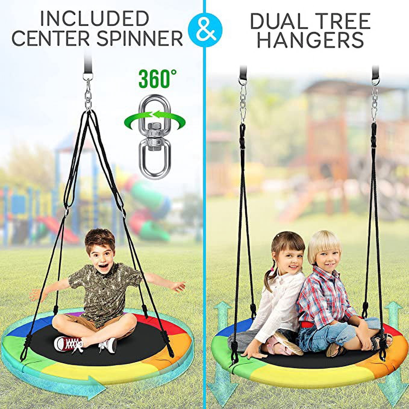 SereneLife Saucer Swing with Hang Kit, Outdoor Tree Swing with Swivel Spinner for Kids (Rainbow)