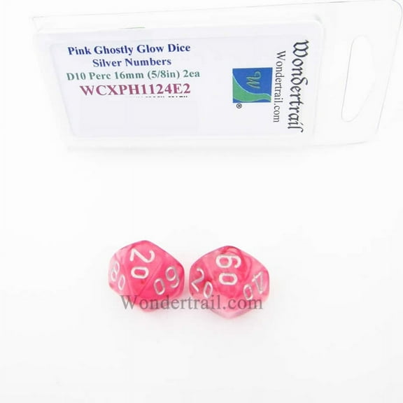 Pink Ghostly Glow Dice with Silver Numbers Tens D10 16mm (5/8in) Pack of 2 Wondertrail