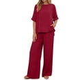 thumbnail image 5 of Zynoxe Cotton Linen Sets for Women Two Piece Round Neck Tops and Wide Leg Pants Summer Matching Sets with PocketsRedXL, 5 of 7