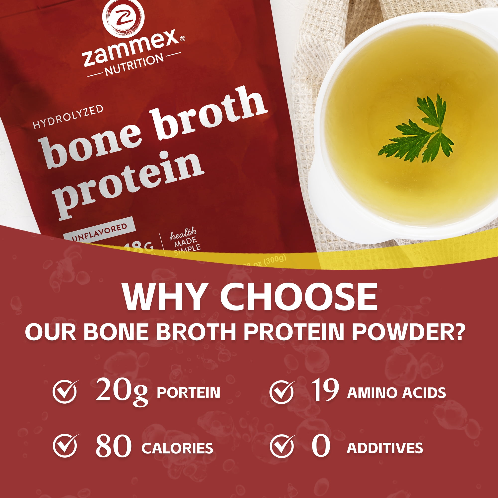Zammex Bone Broth Protein Powder Travel Packets, Natural Flavor Grass Fed Beef Bone Broth, Hydrolyzed  collagen Type I & III, 30 packs
