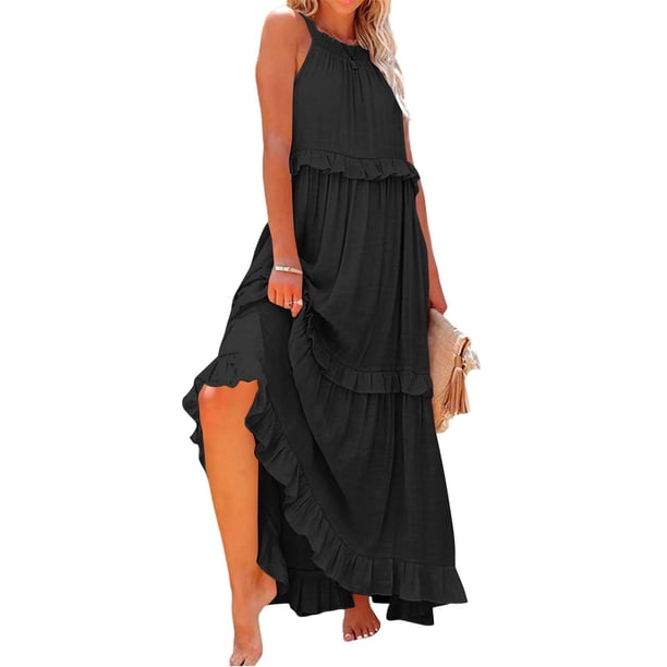 Mohiass Solid Color Halter Ruffle Maxi Dress for Women Sleeveless Casual  2024 Ruched Long Dress Black 2XL - Walmart Business Supplies