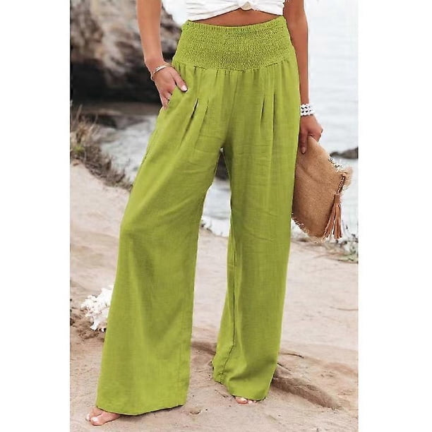 Overseas Women's Linen Elastic Waist Wide Leg Pants Casual Trousers Set