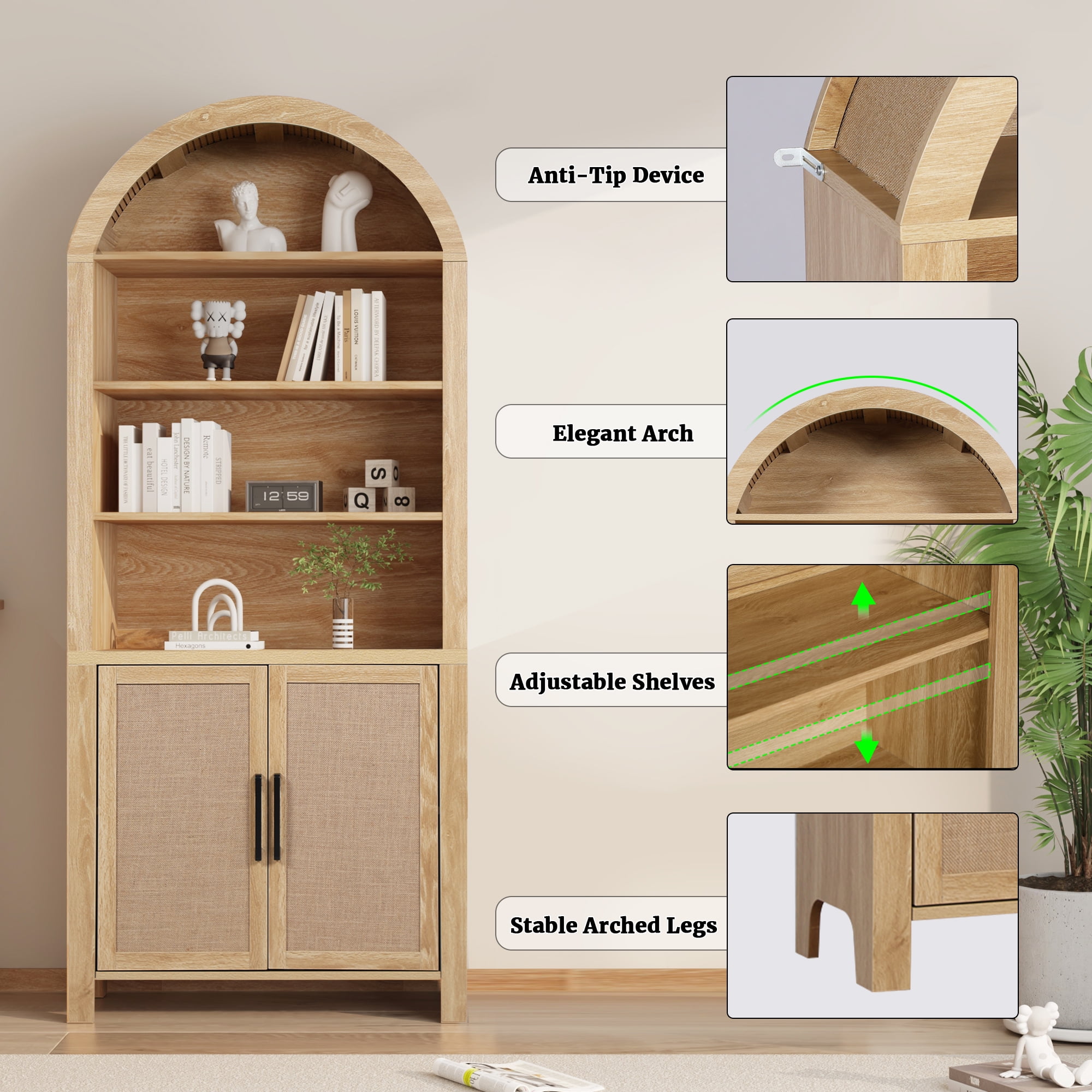 LEFHDA 2PCS 71" Tall Bookshelf, Arched Bookcase with Doors, Mid-Century Modern 6-Tier Bookshelf with Storage, Rattan Open Display Storage Shelf Bookshelf for Living Room Bedroom & Classroom(Oak)