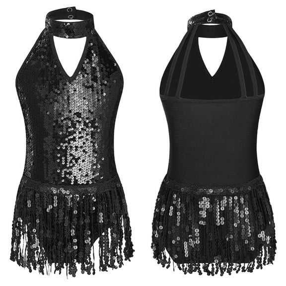 Aislor Kids Girls Sequin Tassel Latin Dance Dress Ballet Tutu Leotard Costume 6-16 Black 16