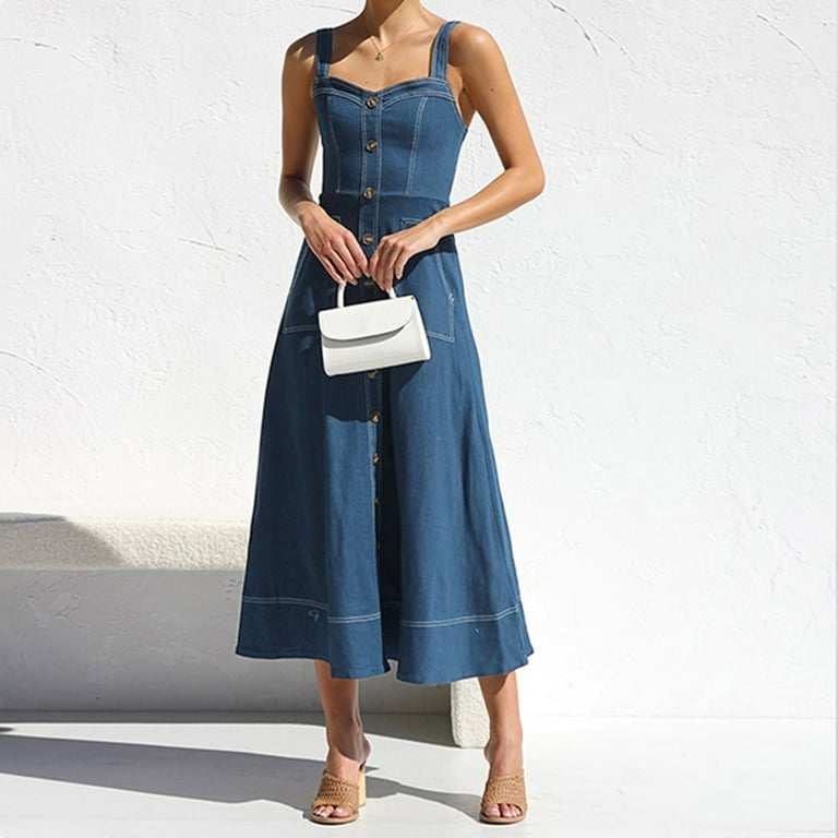 Women Summer Dresses Suspender Distressed Casual Style Button Denim Long  Dress Pantsuit for Women Summer Casual Dress Proposal Dress Maxi Dress with  ...