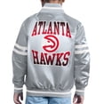 thumbnail image 2 of Youth Starter Gray Atlanta Hawks Comic-Style Satin Full-Snap Varsity Jacket, 2 of 3