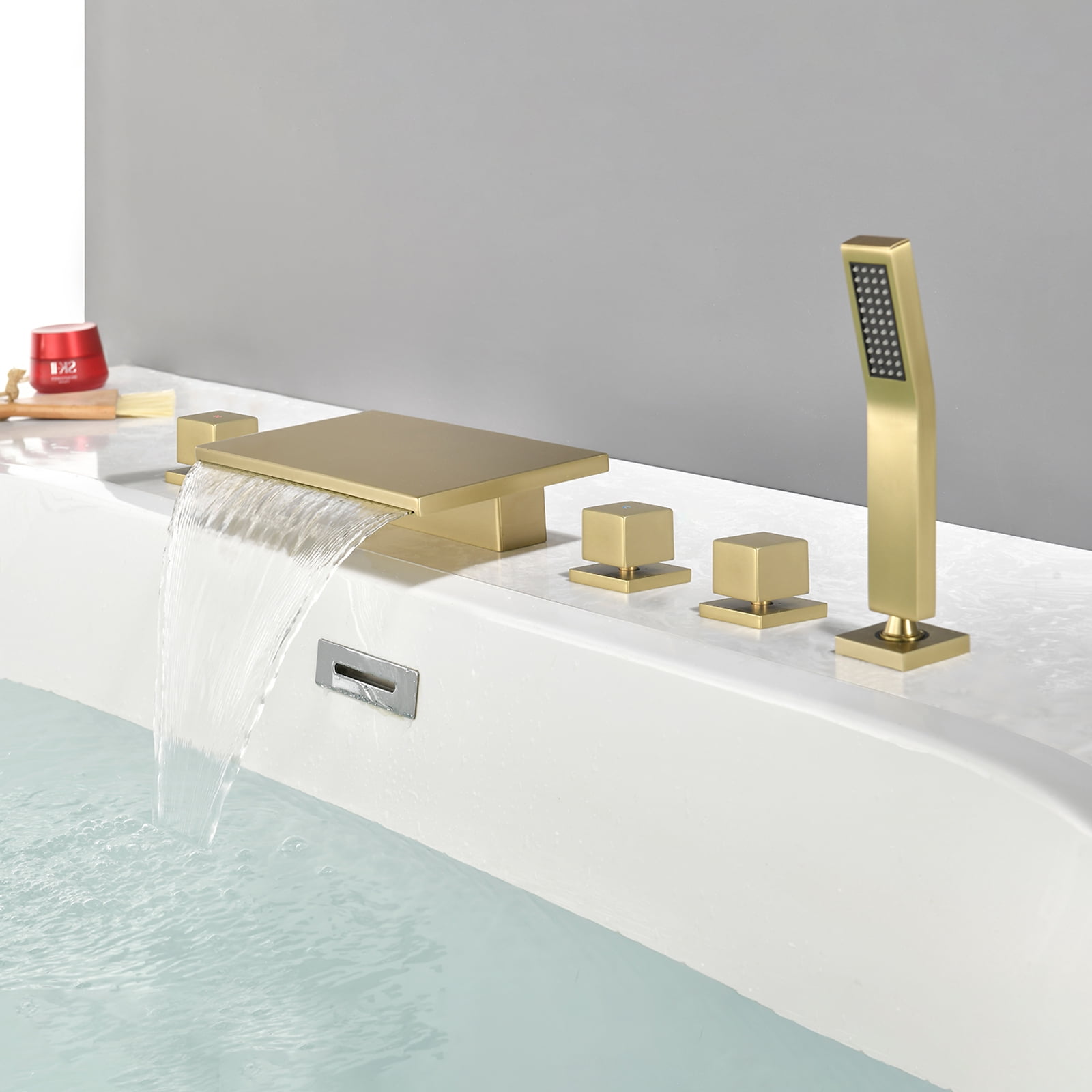 Cobbe Bathroom Faucet Set with Handheld Sprayer and 10.24-Inch Wide Waterfall Spout 5-Hole Mount Bathtub Faucet Brushed Gold