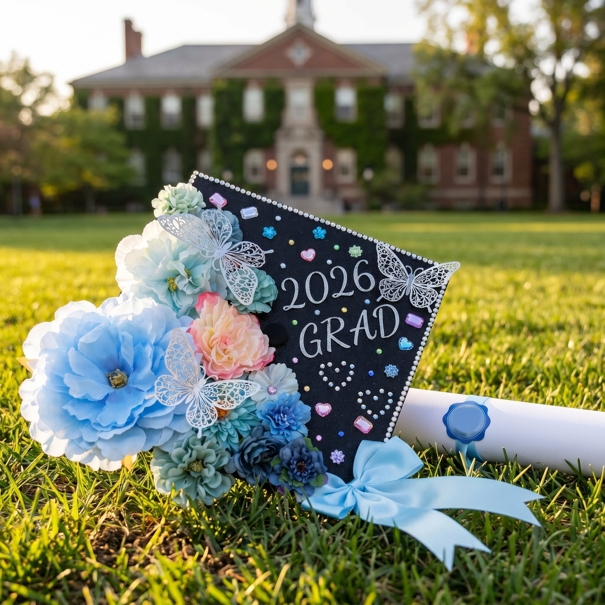 2026 Graduation Cap Decorations Kit, 56 Pcs DIY Grad Cap Topper Set with Artificial Flowers, Bow, 3D Butterflies, Glitter Letters, Rhinestones for High School College Graduation