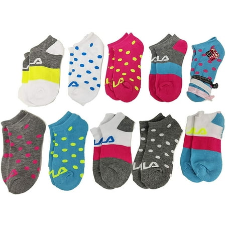 Fila Kids Girls 10-Pack Half Cushion No Show Socks with Hair Ties (Dotted - Blue, Girls Small (Shoe Sizes 7-10))