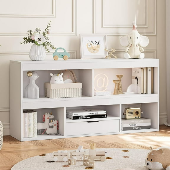 Studyset Kids Bookshelf and Toy Organizer, 2-Tier Wood Toy Storage Kids Book Shelf w/5 Cubbies, 1 Drawer, Bookcase Book Shelf Storage Cabinet for Kids Rooms, Nursery, School, Hallway, Playroom