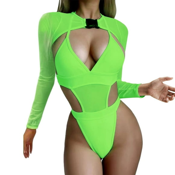 Product Bra & Brief Sets - Product 2 Piece Women Rave Outfits Neon Bodysuit Crop Top Long Sleeve Mesh With Buckle For Festival Club Party