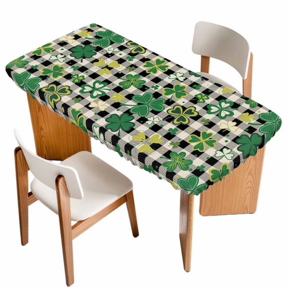 St Patrick's Day Table Cloths for 4 Foot Rectangle Tables, Lucky Shamrocks Farmhouse Retro Check Patio Waterproof Elastic Fitted Tablecloths, Washable Rectangular Table Cover for Camping