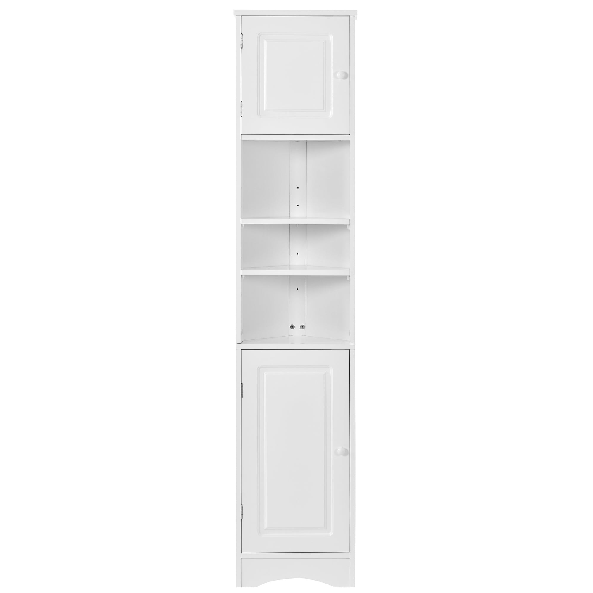 PORKISS 66.9" Tall Corner Cabinet with 2 Barn Doors, 6 Tier Bookcase Storage Cabinet with Adjustable Shelves, Corner Storage Cabinet for Bathroom, Living Room, Kitchen, White