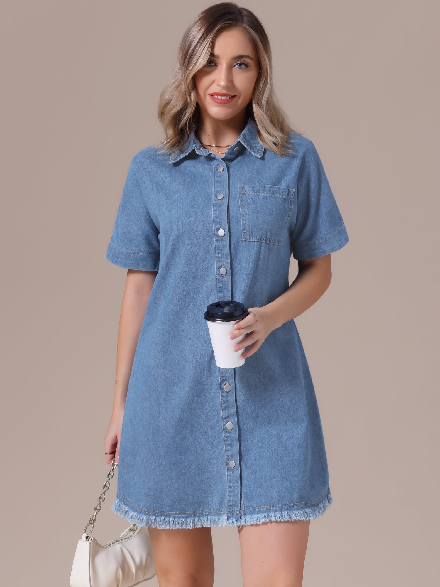 DARING DIVA Short Sleeve Denim Collared Button Front Jean Dress XL Light Blue