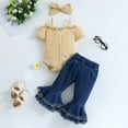 thumbnail image 2 of Odeerbi Infant Girls 3 Piece Outfits Ruffle Bodysuit Flared Jeans Set Summer Clothes Fashion Casual Round Neck Collar Short Sleeve Botton Tops Solid Color Long Pants Sets Khaki, 2 of 9