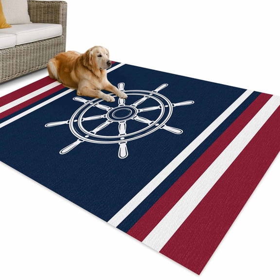 Outdoor Rug 5x8 ft Nautical Coastal Rudder Waterproof Outdoor Patio Rug Mat Non Slip Outside Area Rugs Carpet for RV,Camping,Porch,Deck,Pool,Balconybackyard,Navy Blue Red Stripes