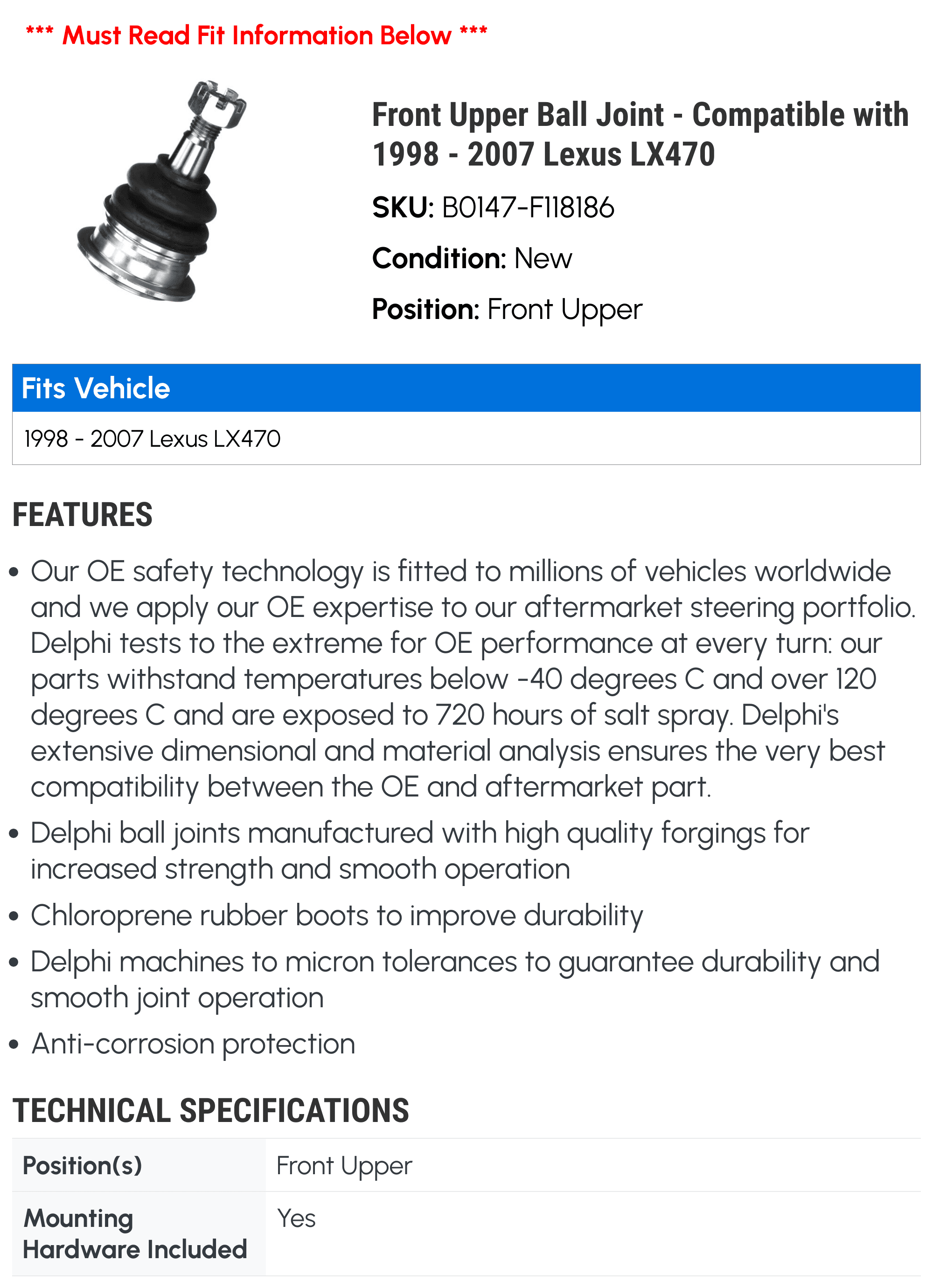 Front Upper Ball Joint - Compatible with 1998 - 2007 LX470 1999 2000 2001 2002 2003 2004 2005 2006