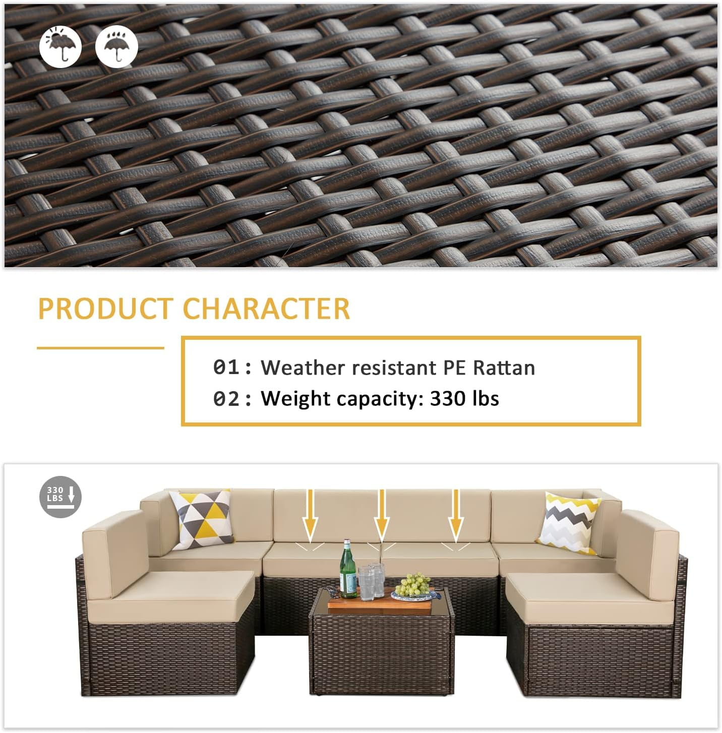 YODOLLA 7 Pc Patio Furniture Set in Beige Cushion& Black PE Rattan Outdoor Sectional Sofa Couch Patio Conversation Set with Table