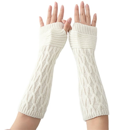 

Cuteam 1 Pair Winter Arm Gloves Solid Color Half Finger Knitting Twisted Texture Lady Mittens for Daily Wear