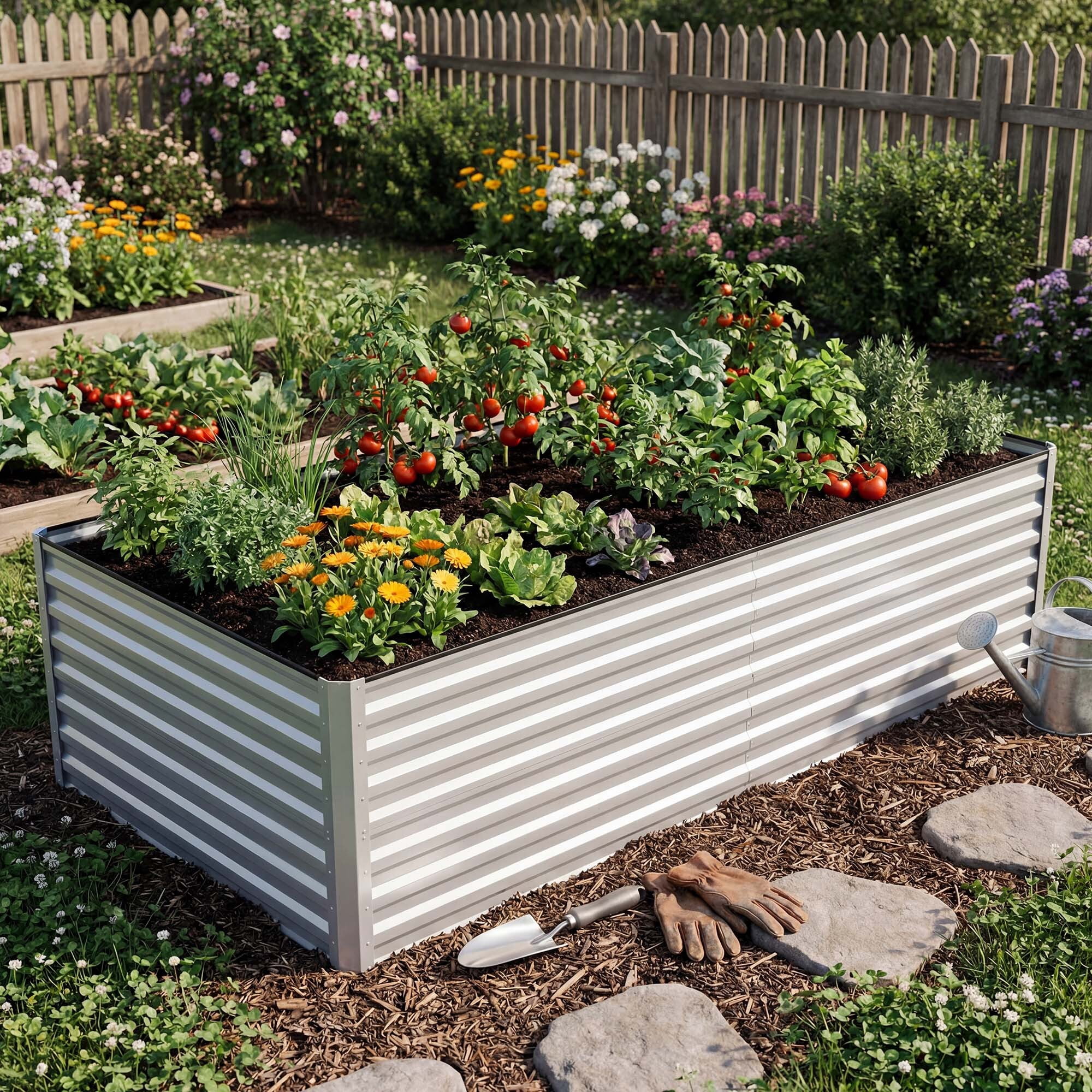 Uforic 8x4x2ft 2pcs Raised Garden Bed Kit, Galvanized Metal Planter with Gloves & Ground Nails, Silver