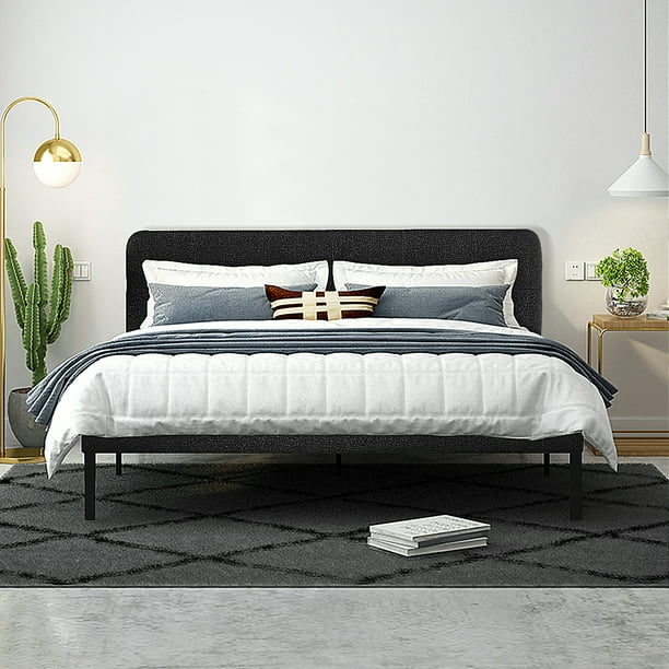 LXingStore Metal and Wood Upholstered Platform Bed Queen Size Bed Frame