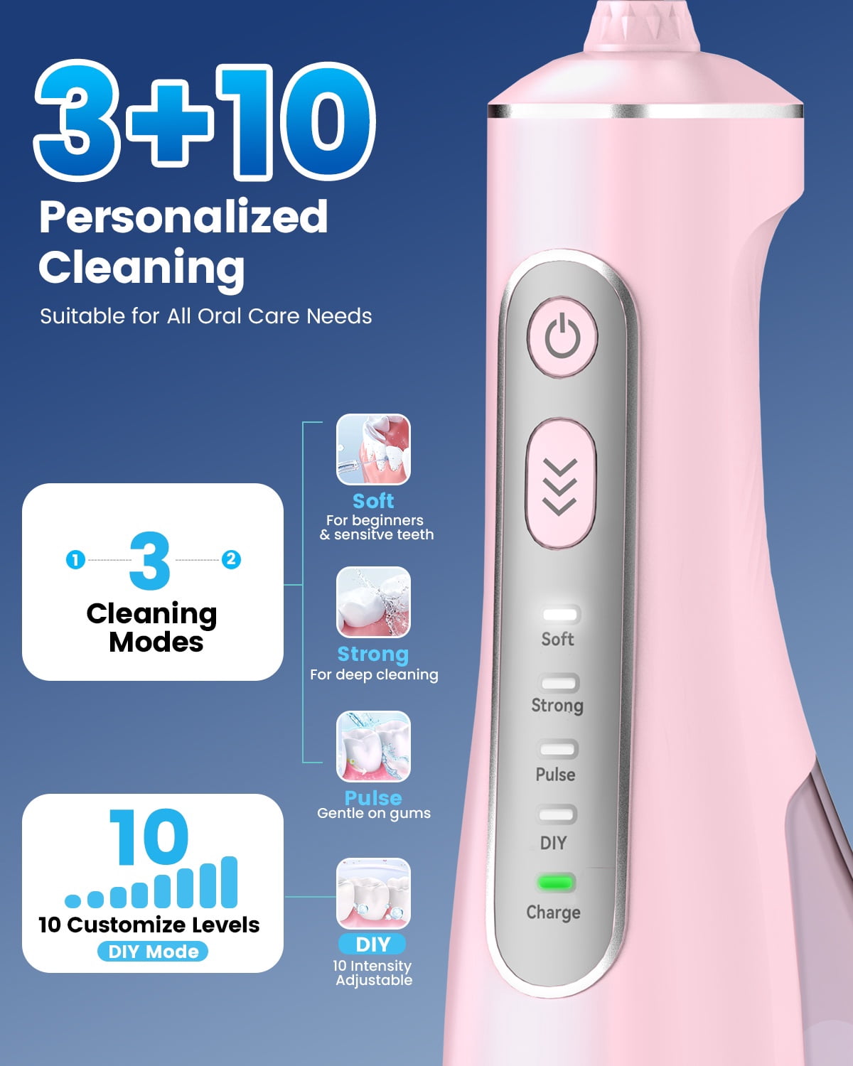 JTF Cordless Water Flosser for Teeth: 3 Modes & 10 DIY Pressure Levels Portable Oral Irrigator for Braces & Sensitive Gums with 9 Tips & 300ML Tank, Rechargeable Electric Dental Pick for Home Travel