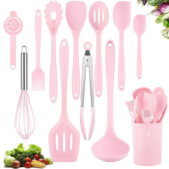 VIVAYO 12 Pcs Silicone Kitchen Utensil Set, Kitchen Cooking Spatula Sets with Holder for Cookware Heat Resistant Spoons, Turners,Tongs, Whisk, Basting Brush, Pink