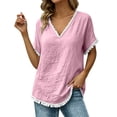 thumbnail image 6 of Linen Cotton Tops For Women Summer V Neck Short Sleeve Tassel Trim Casual Solid Classic Holiday Resort Weekend Outdoor Easy Outfit Elegant Laid Back, 6 of 6