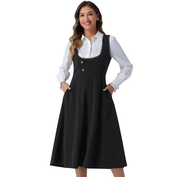 DARING DIVA Women's Lace Trim Button Overalls Midi Vintage Pinafore Dress M Black