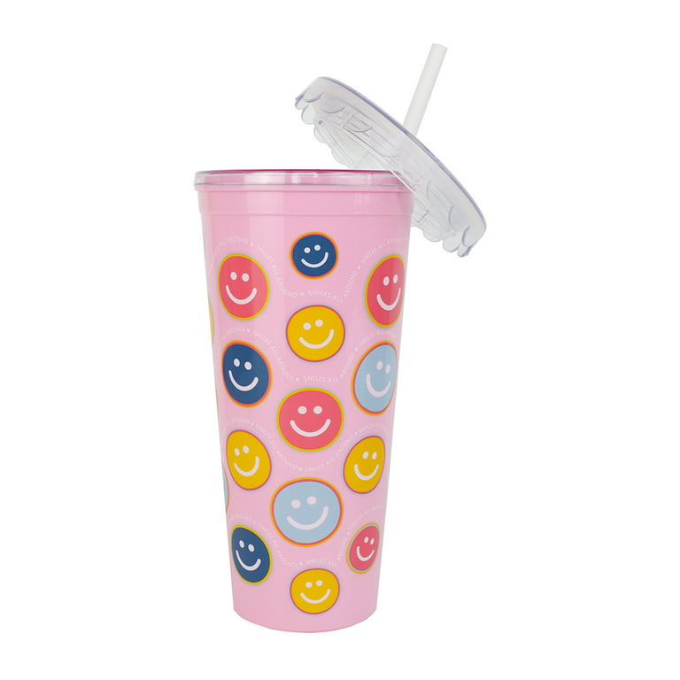 Clear Plastic 24 Ounce Tumbler With Multicolor Smiley Face 