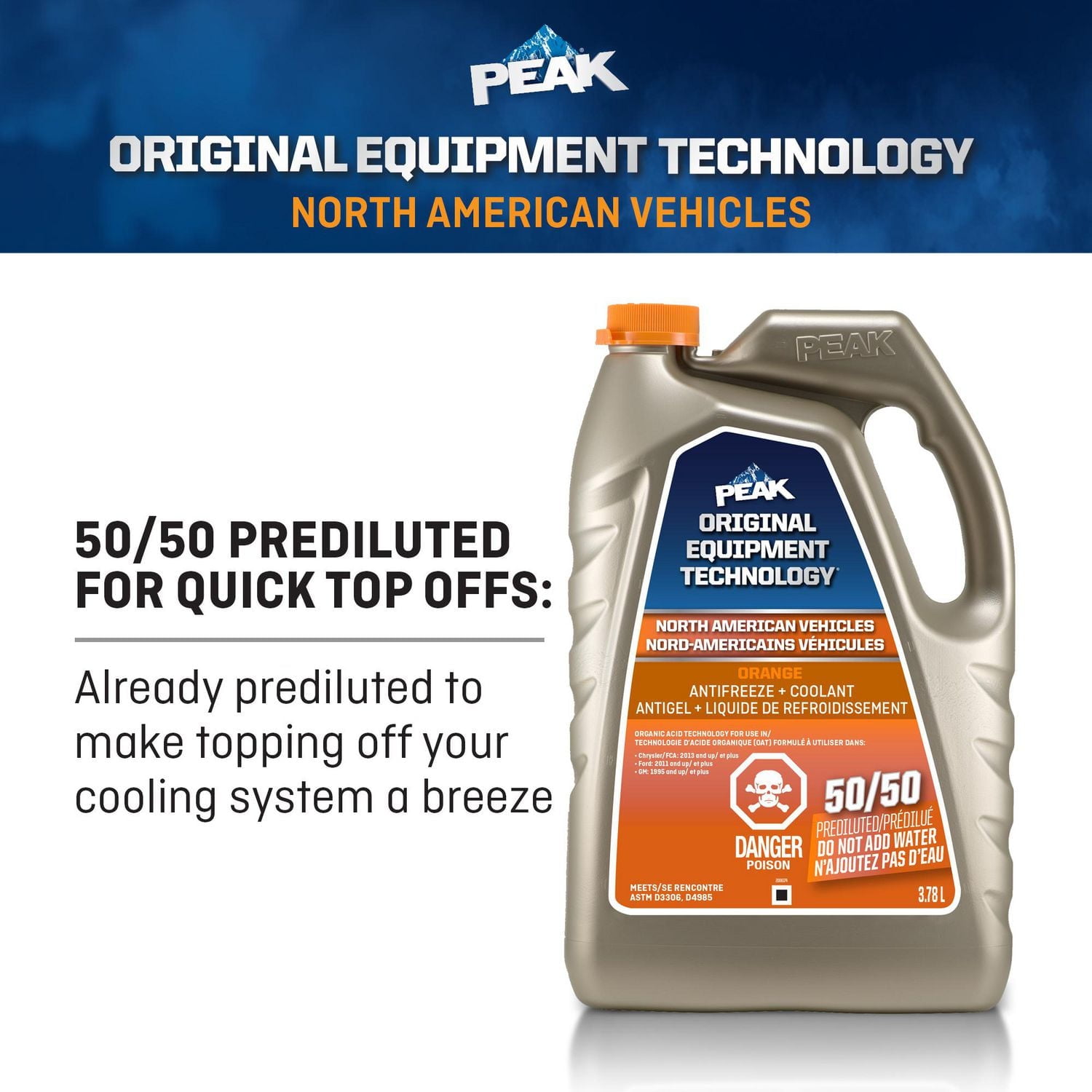 PEAK® OET Extended Life Orange 50/50 Pre-Diluted Antifreeze/ Coolant for North American Vehicles, 3.78 Liters, PEAK OET AFC 50/50 N.A. Orange