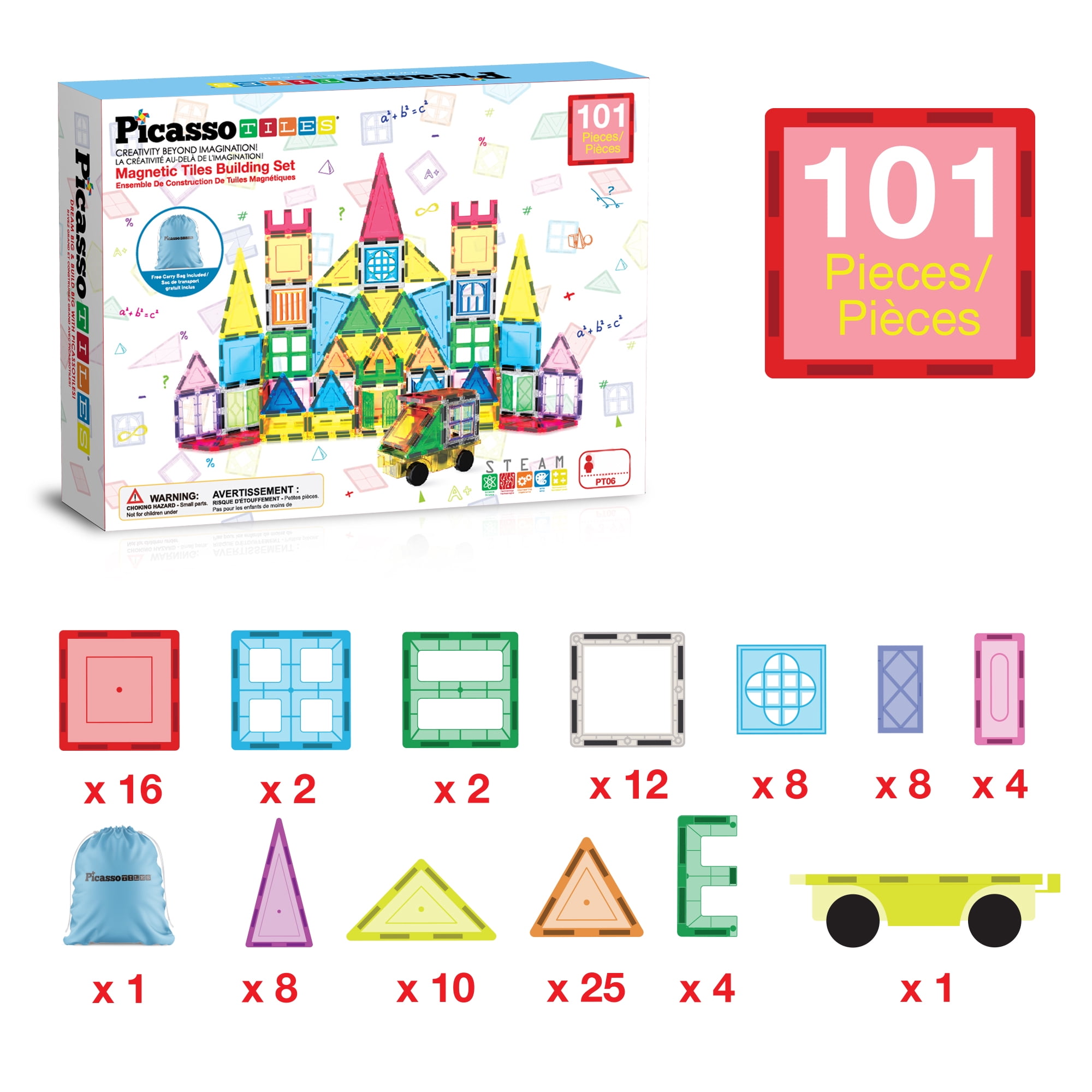 PicassoTiles Magnetic Tiles for Kids with Tote Bag – 101PCS STEM Construction Building Blocks Educational Toy Set