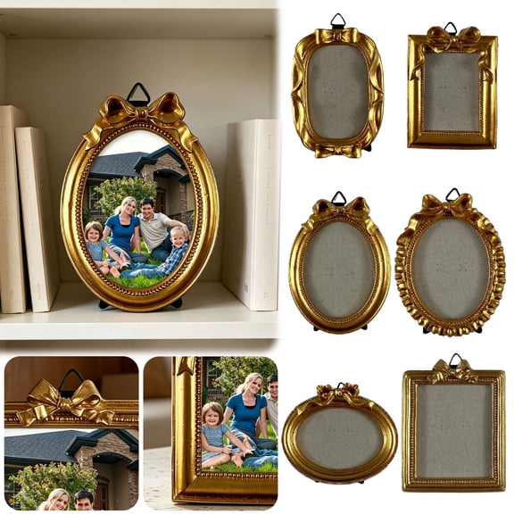 CHENjy Gold Bow Picture Frame, 1 Pc Vintage Gold Frame with Bow Hanging, Tabletop Photo Display for Home Living Room and Wedding Decor