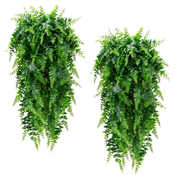 2 Pack Artificial Hanging Boston Ferns Plastic Plant UV Resistant Outdoor for Living Room, Kitchen, Balcony, Garden